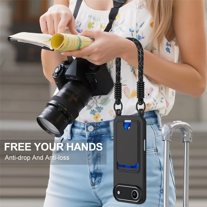 For iPhone 17 Air Case Liquid Silicone Card Holder Phone Back Cover with Short Strap - Black-Cellmalls