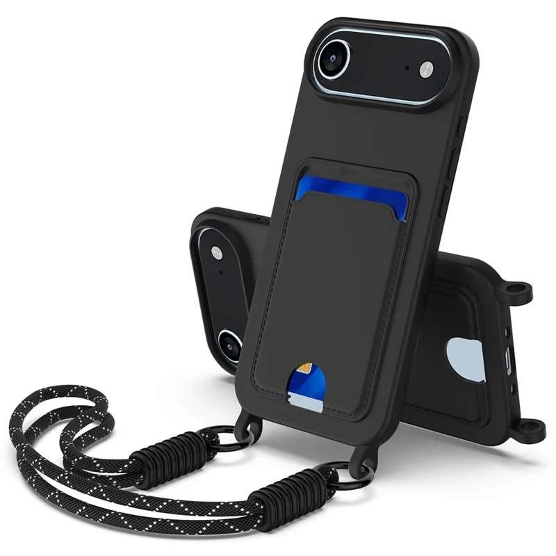 For iPhone 17 Air Case Liquid Silicone Card Holder Phone Back Cover with Short Strap - Black-Cellmalls