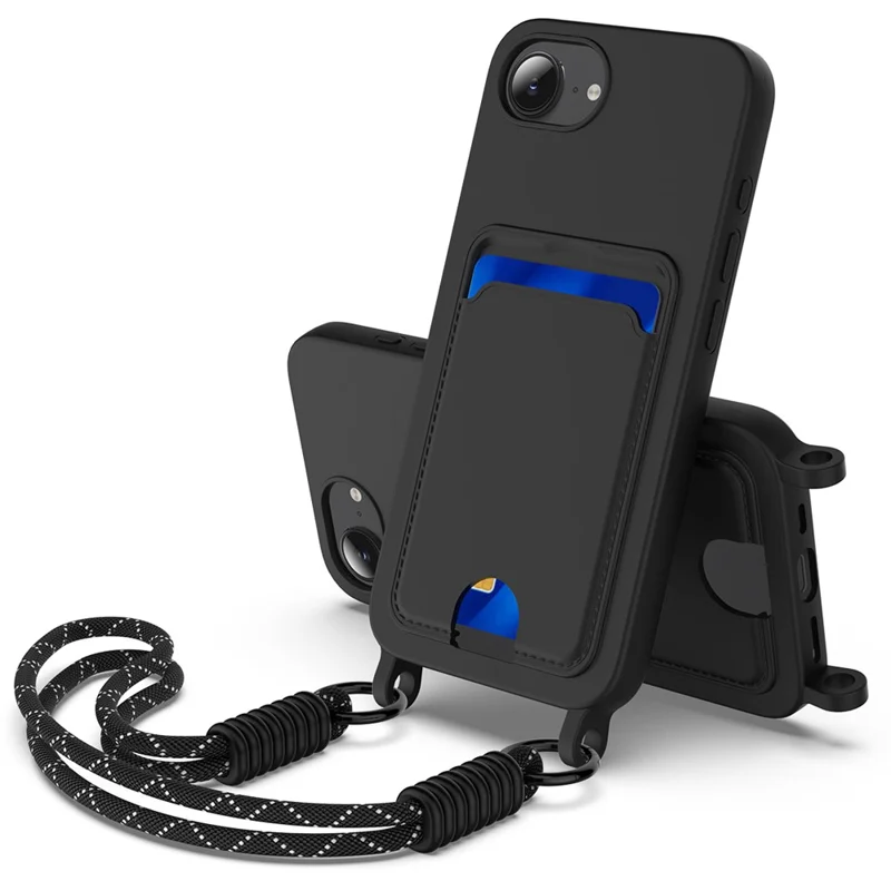 For iPhone 16e Case Liquid Silicone Card Holder Phone Back Cover with Short Strap - Black-Cellmalls