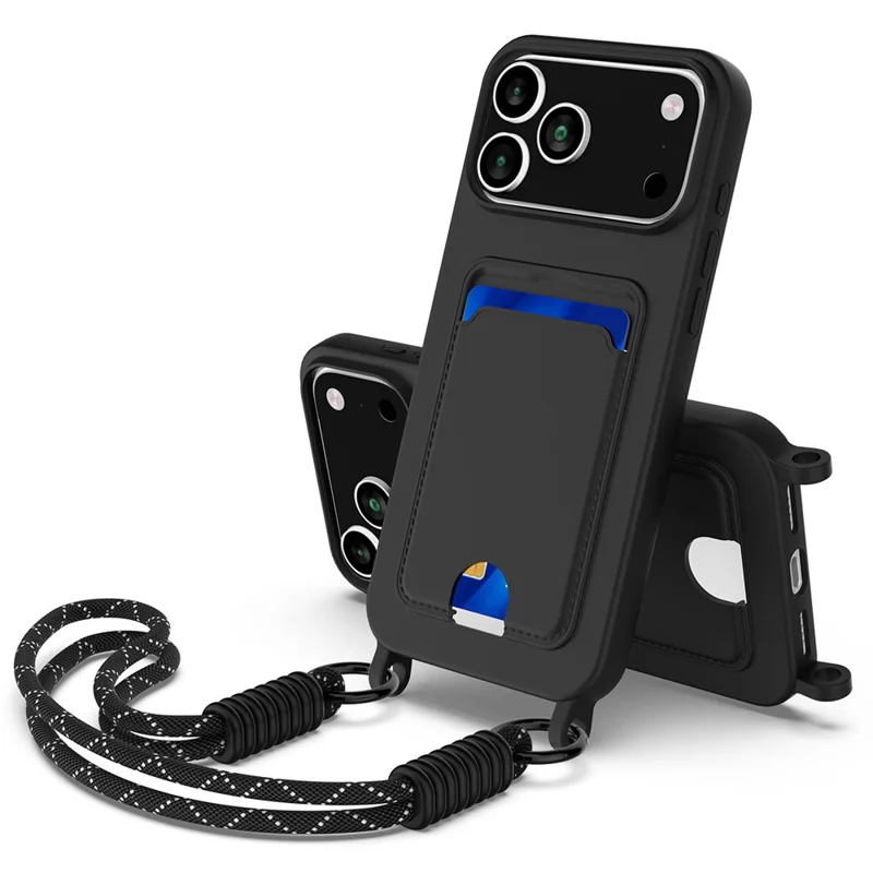 For iPhone 17 Pro Case Liquid Silicone Card Holder Phone Back Cover with Short Strap - Black-Cellmalls