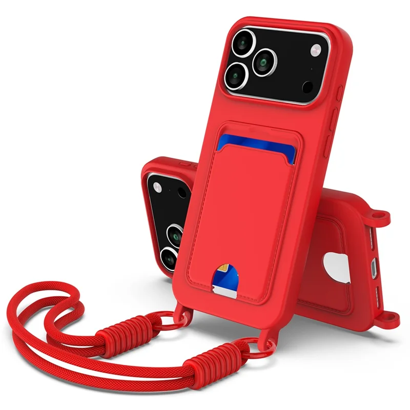 For iPhone 17 Pro Case Liquid Silicone Card Holder Phone Back Cover with Short Strap - Black-Cellmalls