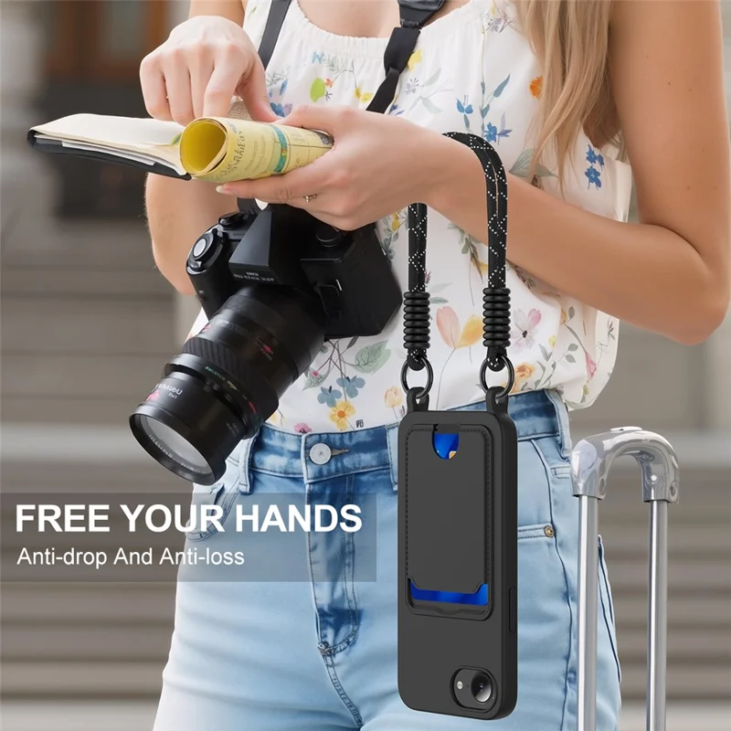 For iPhone 16e Case Liquid Silicone Card Holder Phone Back Cover with Short Strap - Black-Cellmalls