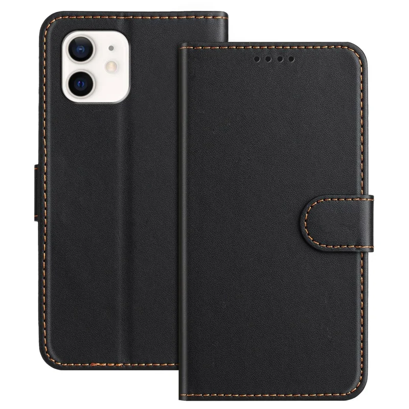 For iPhone 12 Pro 6.1 inch / iPhone 12 6.1 inch Leather Case Wallet Stand Solid Color Anti Drop Phone Cover - Black-Cellmalls