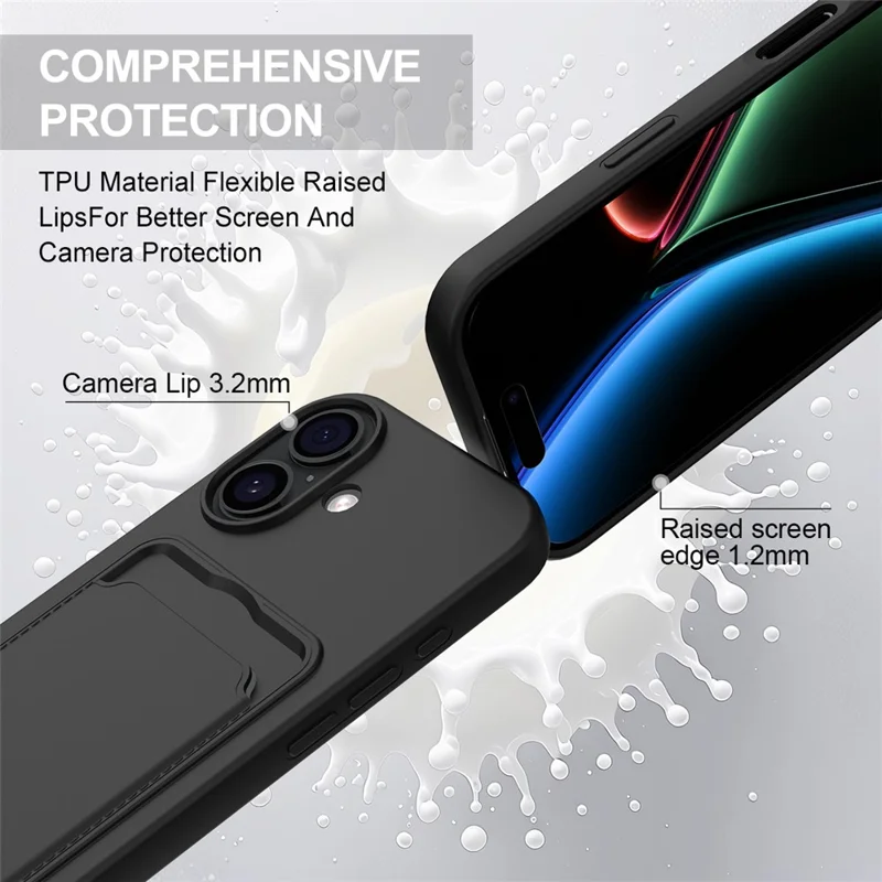 For iPhone 17 Case Liquid Silicone Card Holder Phone Back Cover with Short Strap - Black-Cellmalls