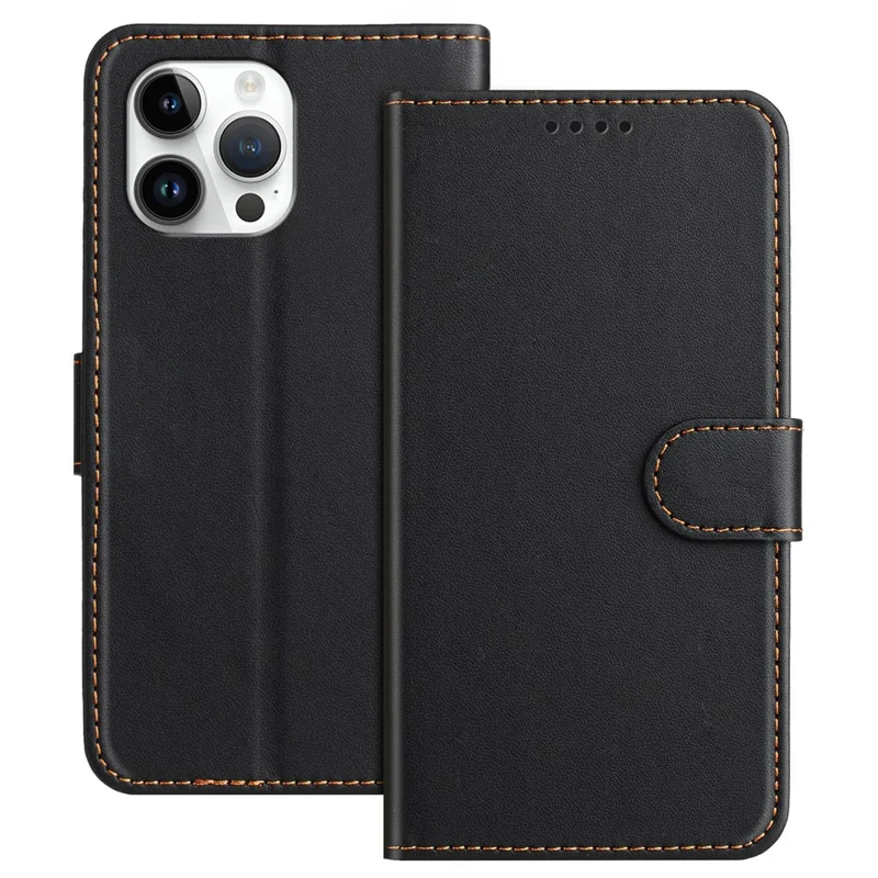For iPhone 13 Pro Max 6.7 inch Leather Case Wallet Stand Solid Color Anti Drop Phone Cover - Black-Cellmalls