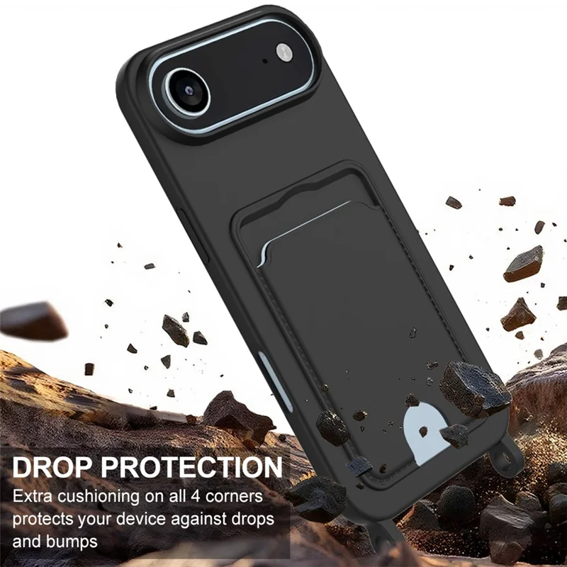 For iPhone 17 Air Case Liquid Silicone Card Holder Phone Back Cover with Short Strap - Black-Cellmalls