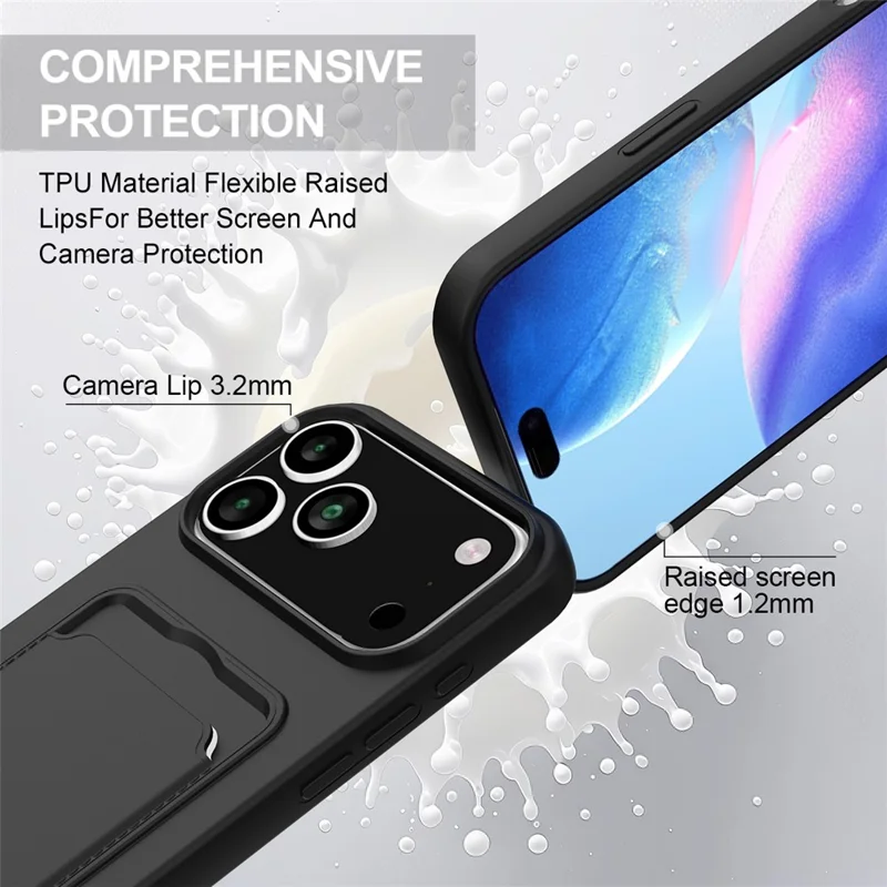 For iPhone 17 Pro Case Liquid Silicone Card Holder Phone Back Cover with Short Strap - Black-Cellmalls