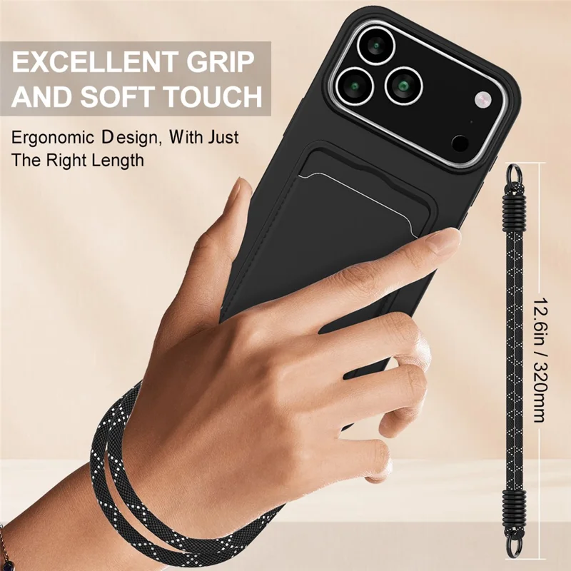 For iPhone 17 Pro Max Case Liquid Silicone Card Holder Phone Back Cover with Wrist Strap - Black-Cellmalls