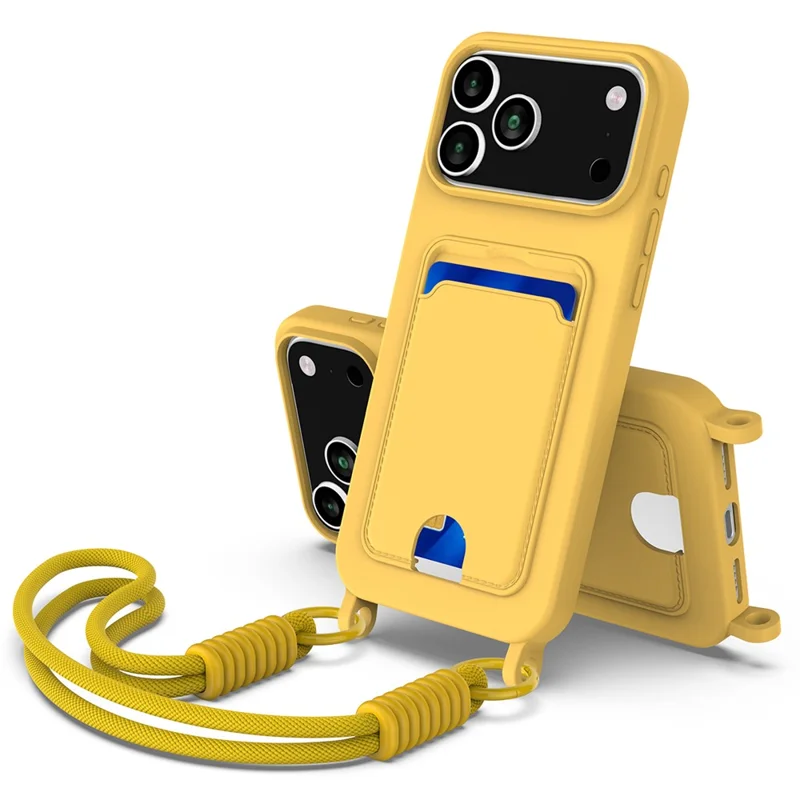 For iPhone 17 Pro Case Liquid Silicone Card Holder Phone Back Cover with Short Strap - Black-Cellmalls