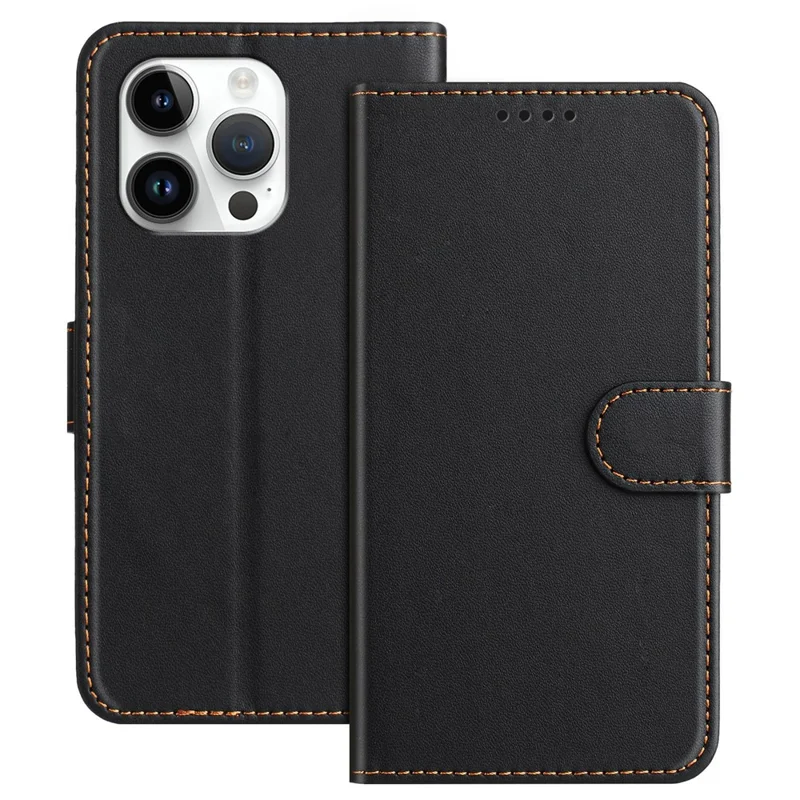 For iPhone 13 Pro 6.1 inch Leather Case Wallet Stand Solid Color Anti Drop Phone Cover - Black-Cellmalls