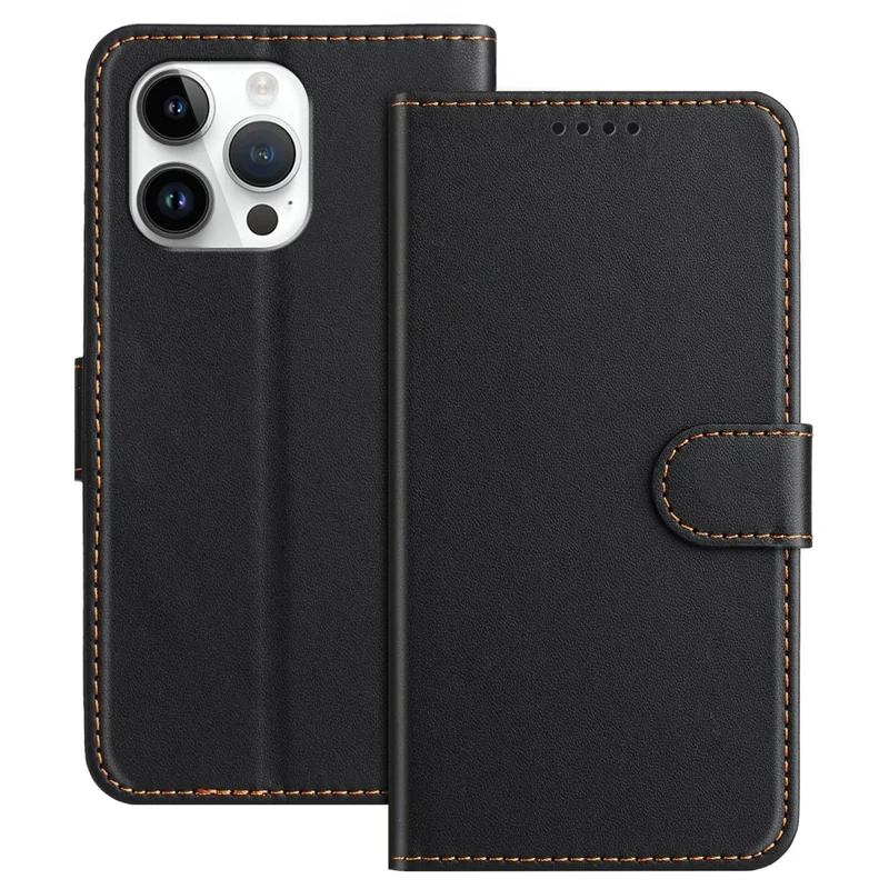 For iPhone 15 Pro Max Leather Case Wallet Stand Solid Color Anti Drop Phone Cover - Black-Cellmalls
