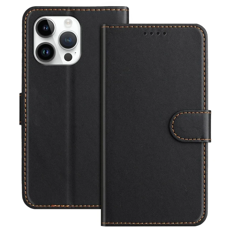 For iPhone 15 Pro Max Leather Case Wallet Stand Solid Color Anti Drop Phone Cover - Black-Cellmalls