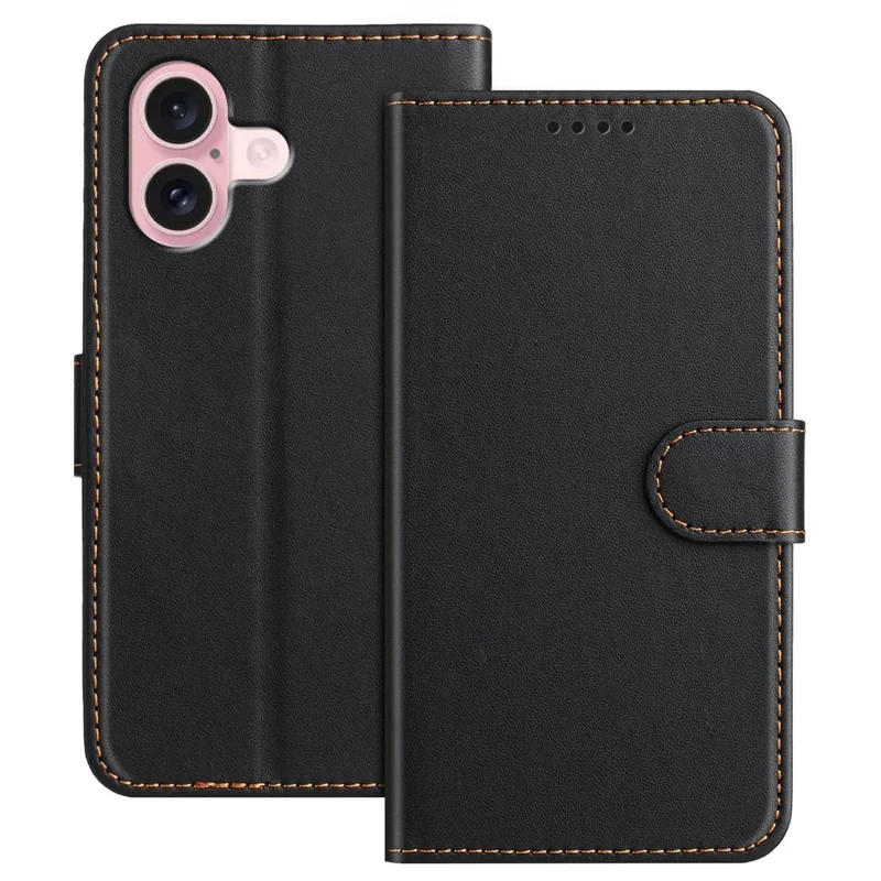 For iPhone 16 Leather Case Wallet Stand Solid Color Anti Drop Phone Cover - Black-Cellmalls
