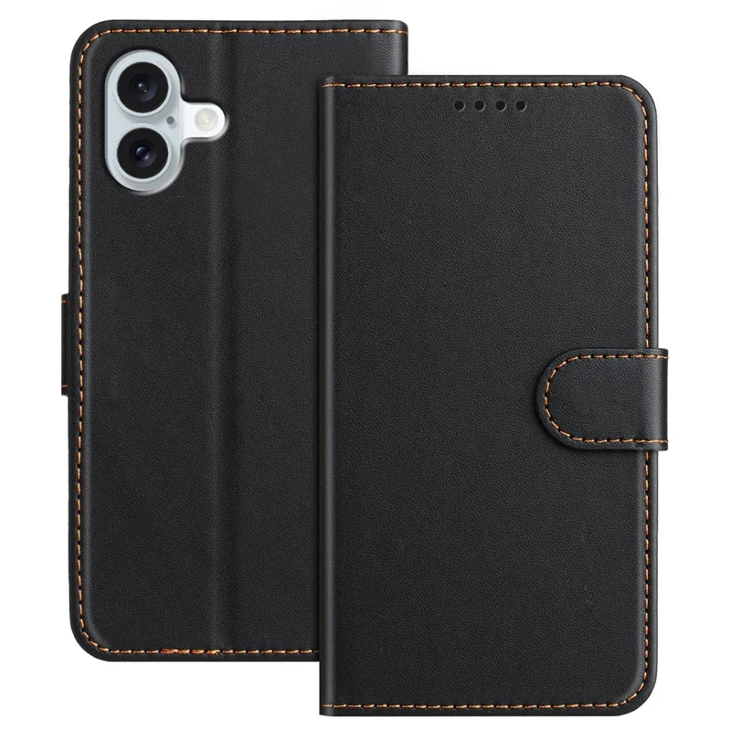 For iPhone 16 Plus Leather Case Wallet Stand Solid Color Anti Drop Phone Cover - Black-Cellmalls