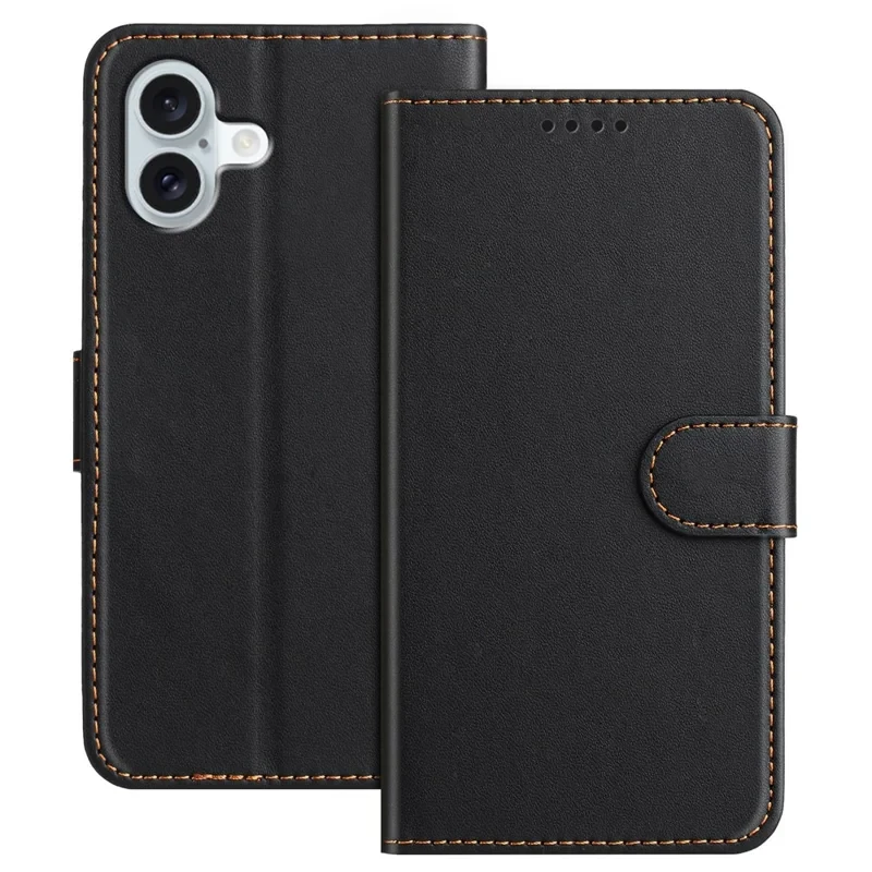 For iPhone 16 Plus Leather Case Wallet Stand Solid Color Anti Drop Phone Cover - Black-Cellmalls