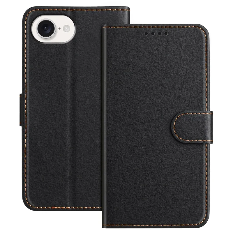 For iPhone 16e Leather Case Wallet Stand Solid Color Anti Drop Phone Cover - Black-Cellmalls