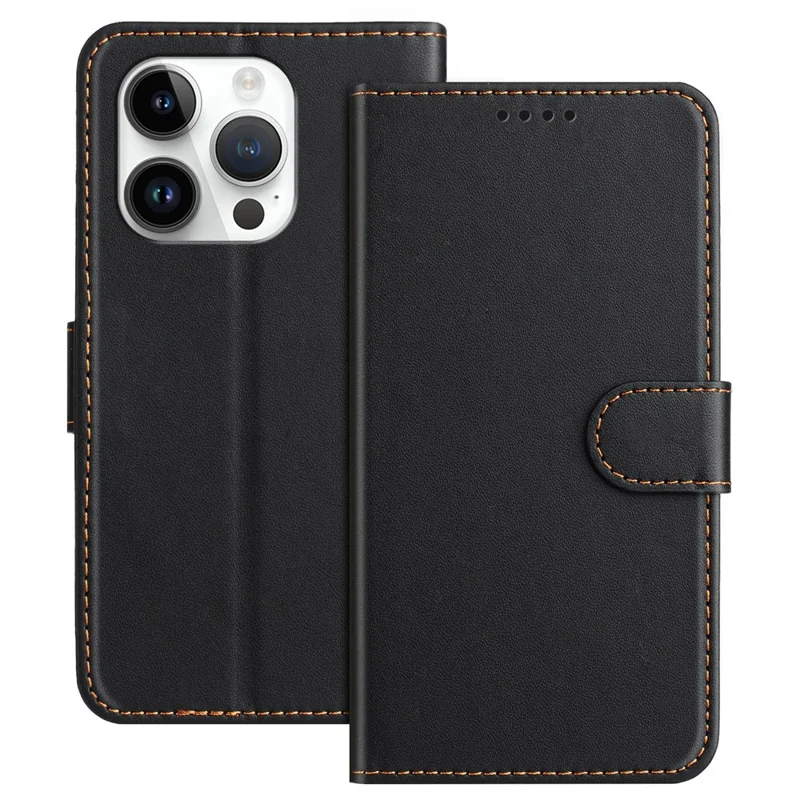 For iPhone 15 Pro Leather Case Wallet Stand Solid Color Anti Drop Phone Cover - Black-Cellmalls