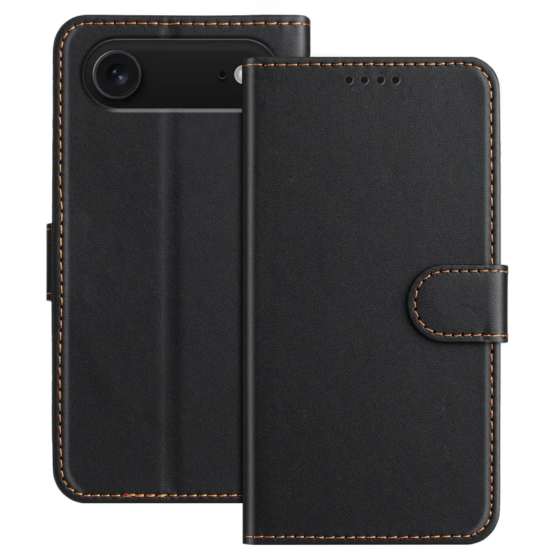 For iPhone 17 Air Leather Case Wallet Stand Solid Color Anti Drop Phone Cover - Black-Cellmalls