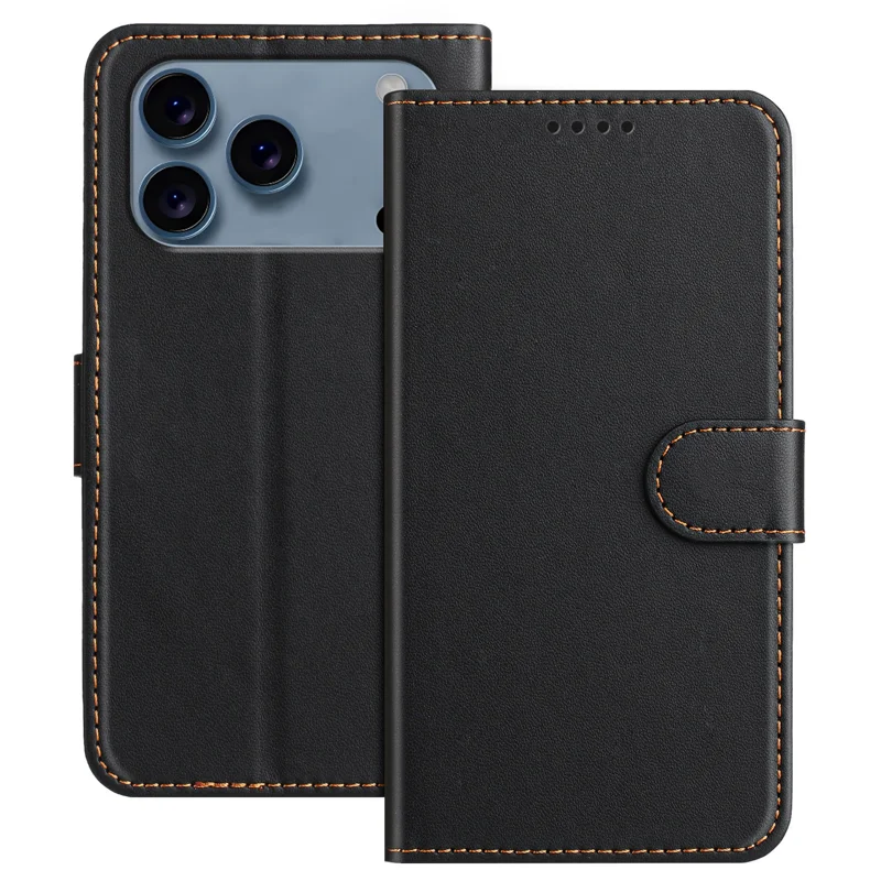 For iPhone 17 Pro Leather Case Wallet Stand Solid Color Anti Drop Phone Cover - Black-Cellmalls