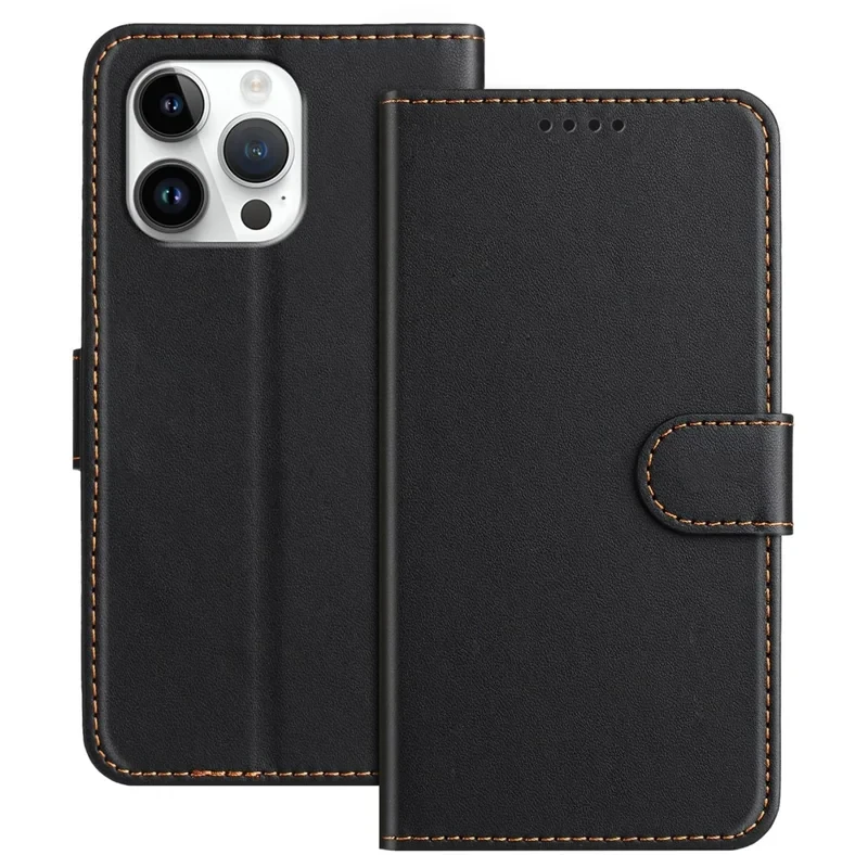 For iPhone 16 Pro Max Leather Case Wallet Stand Solid Color Anti Drop Phone Cover - Black-Cellmalls