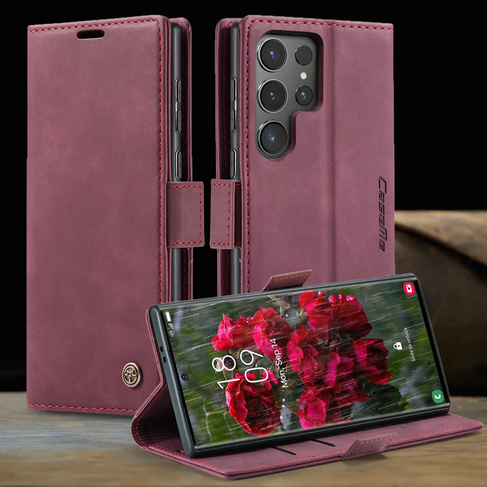 CASEME 013 Series For Samsung Galaxy S25 Ultra Case Card Holder Stand Leather Phone Cover - Red-Cellmalls