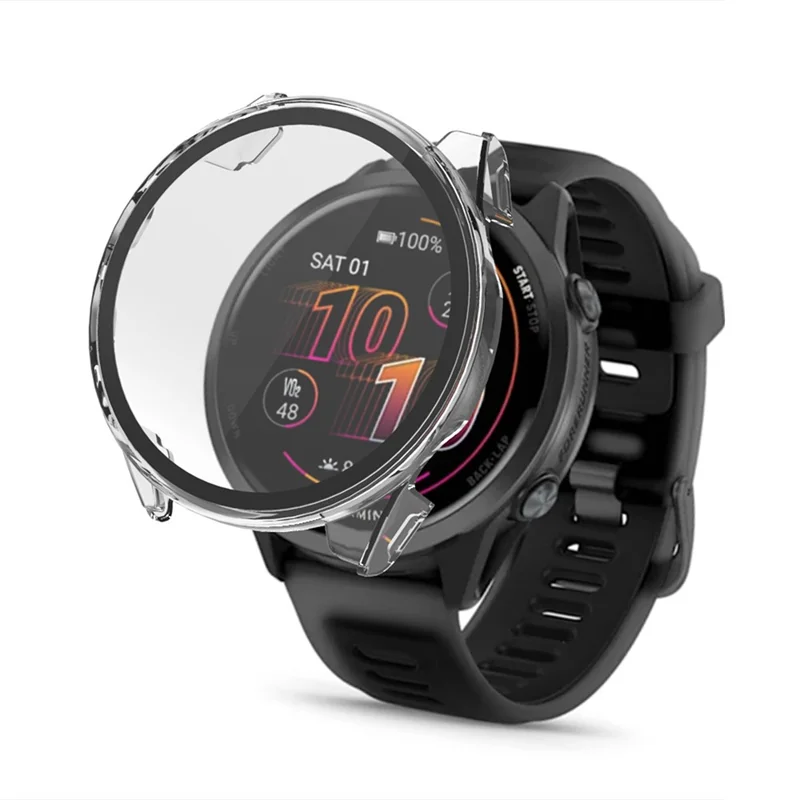 For Garmin Forerunner 570 42mm Protective Case Hard PC Watch Frame with Tempered Glass Film - Transparent-Cellmalls