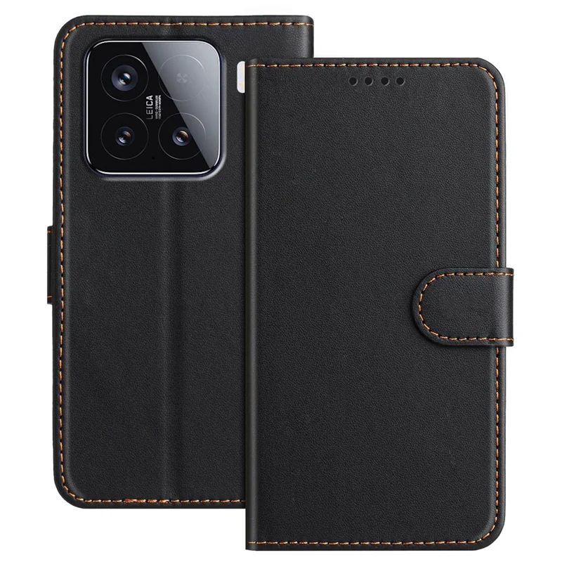 For Xiaomi 15 Leather Case Wallet Stand Solid Color Anti Drop Phone Cover - Black-Cellmalls
