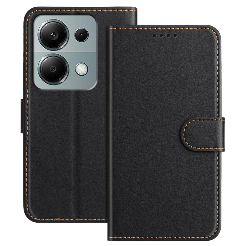 For Xiaomi Poco M6 Pro 4G / Xiaomi Redmi Note 13 Pro 4G Leather Case Wallet Stand Solid Color Anti Drop Phone Cover - Black-Cellmalls