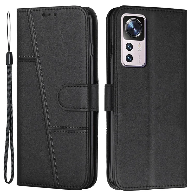 For Xiaomi 12T 5G / Redmi K50 Ultra 5G / 12T Pro 5G Stitching PU Leather Flip Case Wallet Stand Full Shockproof Protective Cover with Strap - Black-Cellmalls