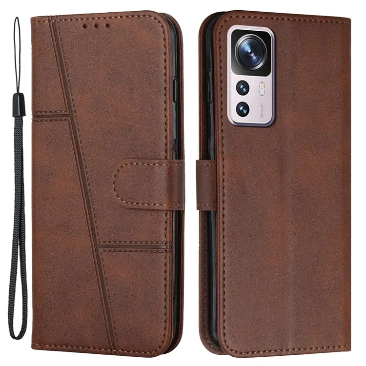 For Xiaomi 12T 5G / Redmi K50 Ultra 5G / 12T Pro 5G Stitching PU Leather Flip Case Wallet Stand Full Shockproof Protective Cover with Strap - Black-Cellmalls