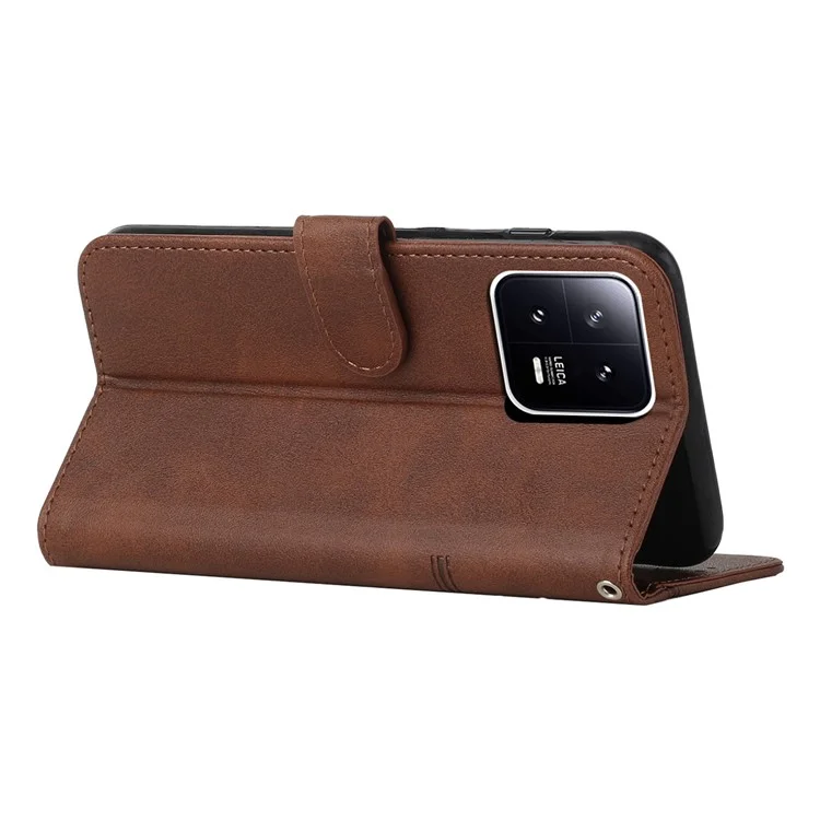 For Xiaomi 13 5G Stitching Line PU Leather Magnetic Clasp Foldable Stand Cover Wallet Imprinted Line Phone Case - Brown-Cellmalls