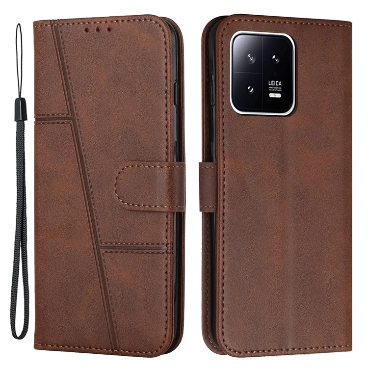 For Xiaomi 13 5G Stitching Line PU Leather Magnetic Clasp Foldable Stand Cover Wallet Imprinted Line Phone Case - Brown-Cellmalls