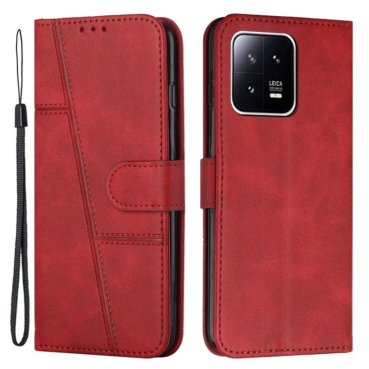 For Xiaomi 13 5G Stitching Line PU Leather Magnetic Clasp Foldable Stand Cover Wallet Imprinted Line Phone Case - Brown-Cellmalls