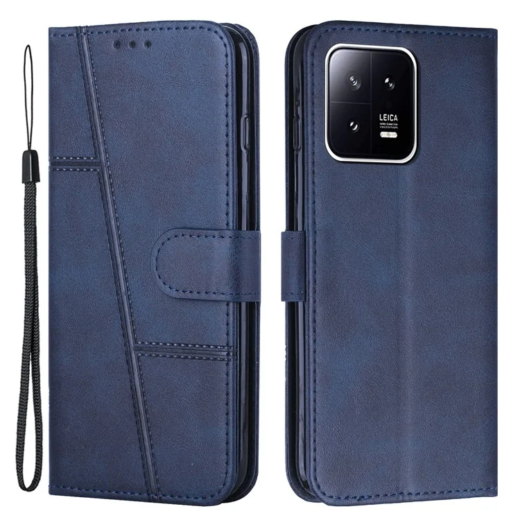 For Xiaomi 13 5G Stitching Line PU Leather Magnetic Clasp Foldable Stand Cover Wallet Imprinted Line Phone Case - Brown-Cellmalls