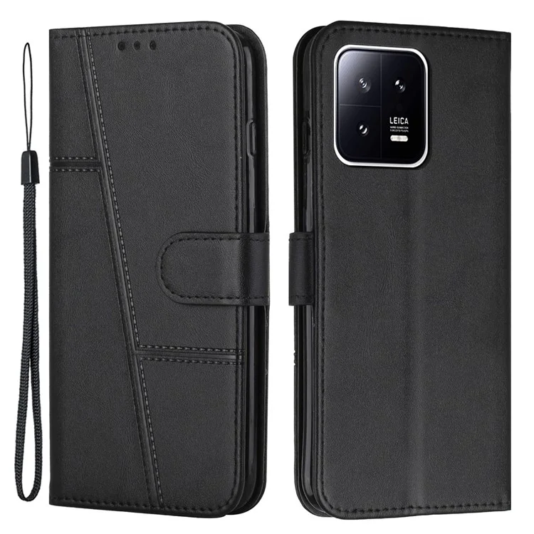 For Xiaomi 13 5G Stitching Line PU Leather Magnetic Clasp Foldable Stand Cover Wallet Imprinted Line Phone Case - Brown-Cellmalls