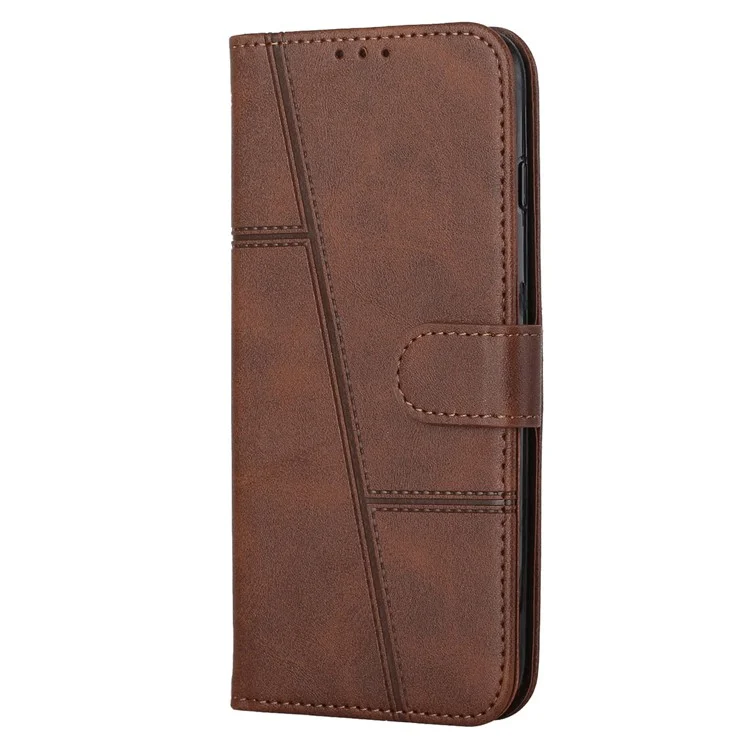 For Xiaomi 13 5G Stitching Line PU Leather Magnetic Clasp Foldable Stand Cover Wallet Imprinted Line Phone Case - Brown-Cellmalls