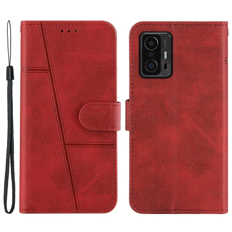 Imprinting Lines Stand Feature PU Leather Wallet Flip Protective Phone Case with Wrist Strap for Xiaomi 11T / 11T Pro - Red-Cellmalls