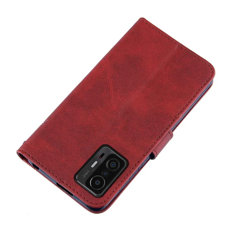 Imprinting Lines Stand Feature PU Leather Wallet Flip Protective Phone Case with Wrist Strap for Xiaomi 11T / 11T Pro - Red-Cellmalls