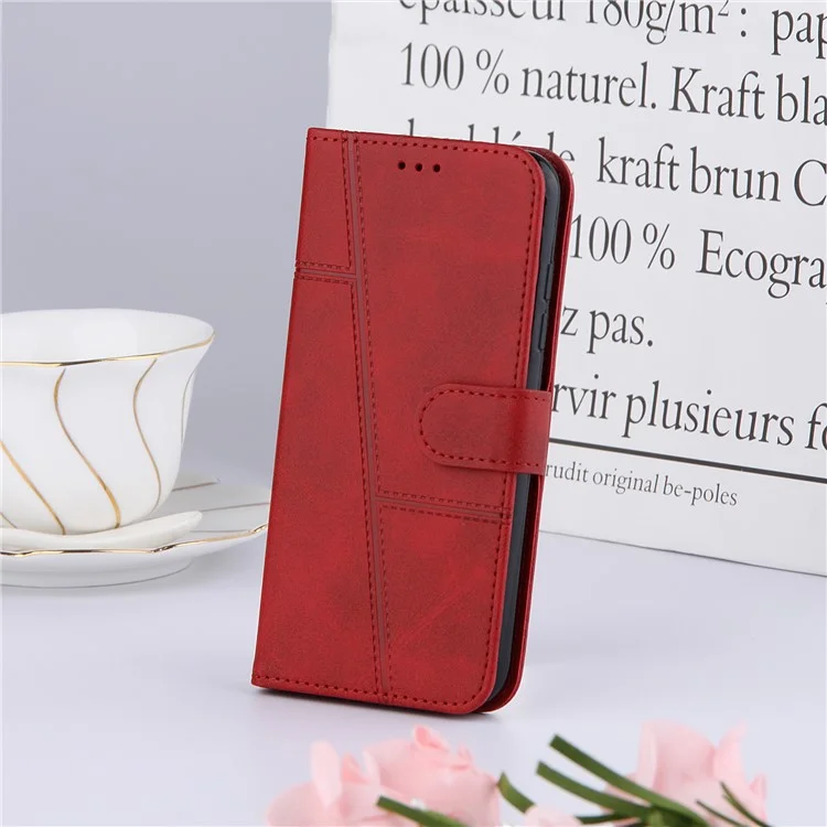 Imprinting Lines Stand Feature PU Leather Wallet Flip Protective Phone Case with Wrist Strap for Xiaomi 11T / 11T Pro - Red-Cellmalls