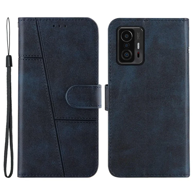 Imprinting Lines Stand Feature PU Leather Wallet Flip Protective Phone Case with Wrist Strap for Xiaomi 11T / 11T Pro - Red-Cellmalls