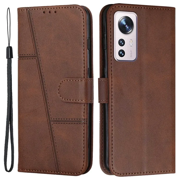 For Xiaomi 12 Lite 5G PU Leather Protective Phone Case Supporting Stand Simple Style Imprinted Stitching Cell Phone Cover with Strap - Brown-Cellmalls