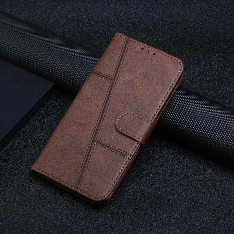 For Xiaomi 12 Lite 5G PU Leather Protective Phone Case Supporting Stand Simple Style Imprinted Stitching Cell Phone Cover with Strap - Brown-Cellmalls