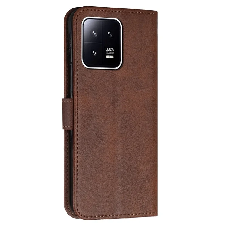 For Xiaomi 13 5G Stitching Line PU Leather Magnetic Clasp Foldable Stand Cover Wallet Imprinted Line Phone Case - Brown-Cellmalls