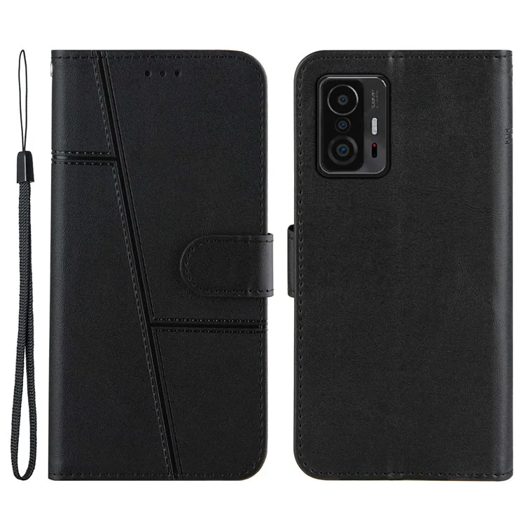 Imprinting Lines Stand Feature PU Leather Wallet Flip Protective Phone Case with Wrist Strap for Xiaomi 11T / 11T Pro - Red-Cellmalls