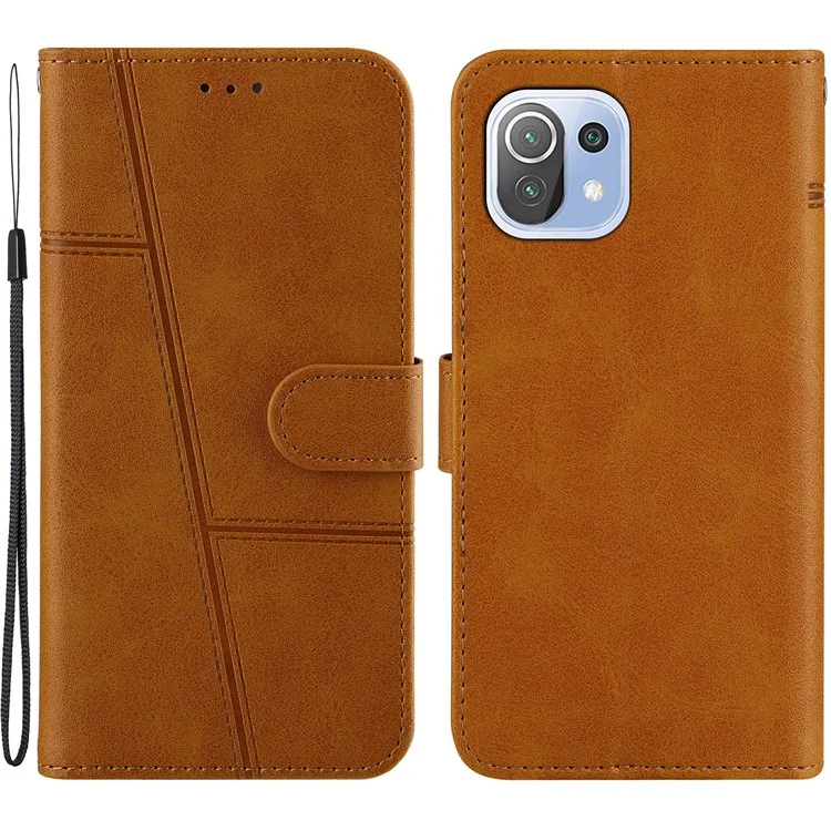 Wallet Stand Design Splicing Leather Phone Cover Case with Strap for Xiaomi Mi 11 Lite 4G / 5G / 11 Lite 5G NE  - Brown-Cellmalls