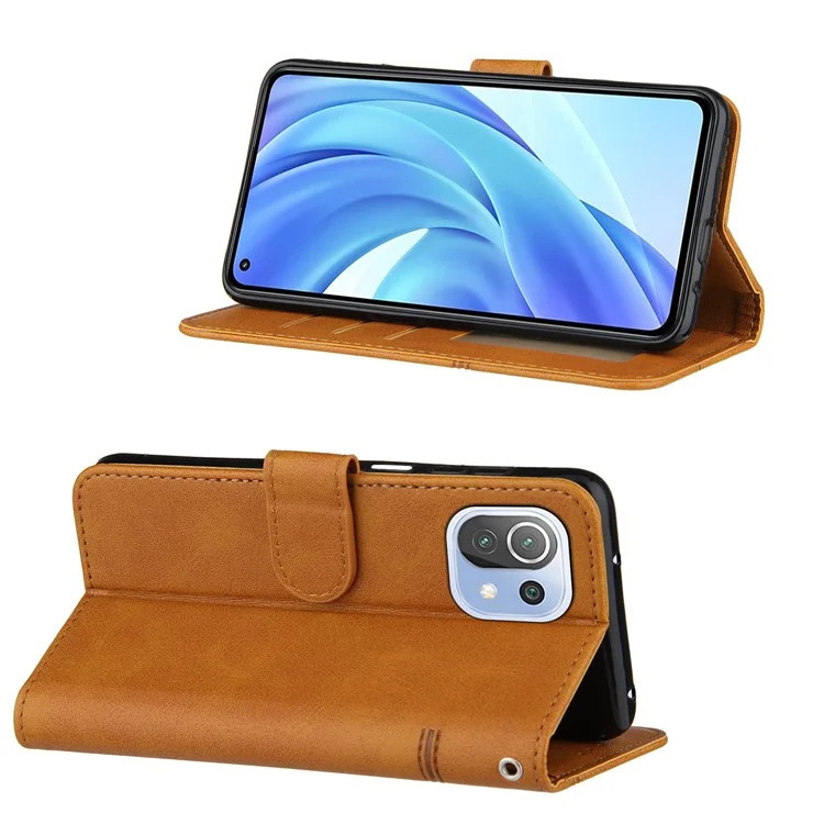 Wallet Stand Design Splicing Leather Phone Cover Case with Strap for Xiaomi Mi 11 Lite 4G / 5G / 11 Lite 5G NE  - Brown-Cellmalls