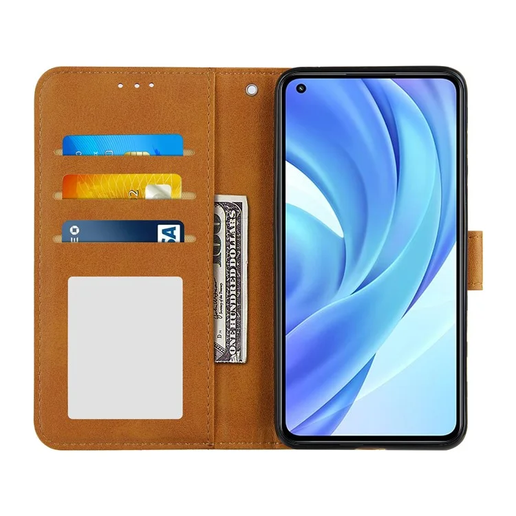 Wallet Stand Design Splicing Leather Phone Cover Case with Strap for Xiaomi Mi 11 Lite 4G / 5G / 11 Lite 5G NE  - Brown-Cellmalls