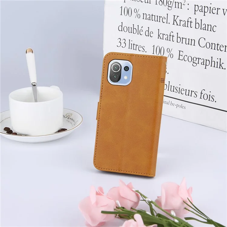 Wallet Stand Design Splicing Leather Phone Cover Case with Strap for Xiaomi Mi 11 Lite 4G / 5G / 11 Lite 5G NE  - Brown-Cellmalls