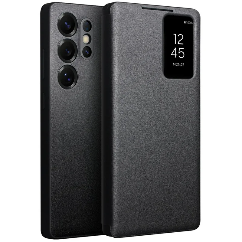 QIALINO For Samsung Galaxy S25 Ultra Case View Window Genuine Cow Leather Flip Phone Cover - Black-Cellmalls
