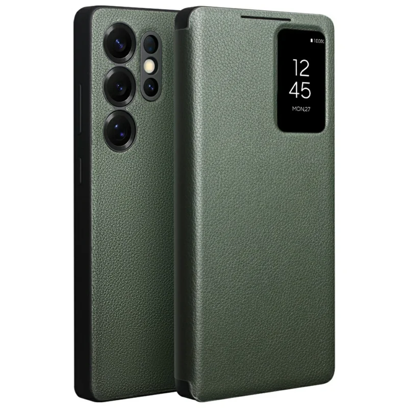 QIALINO For Samsung Galaxy S25 Ultra Case View Window Genuine Cow Leather Flip Phone Cover - Black-Cellmalls